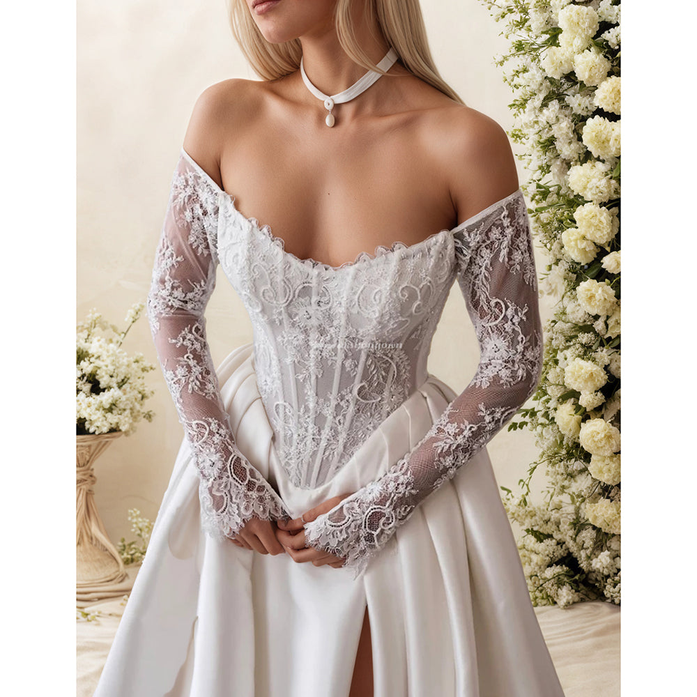 Robes de mariée trapèze en satin à manches longues et épaules dénudées avec fente latérale