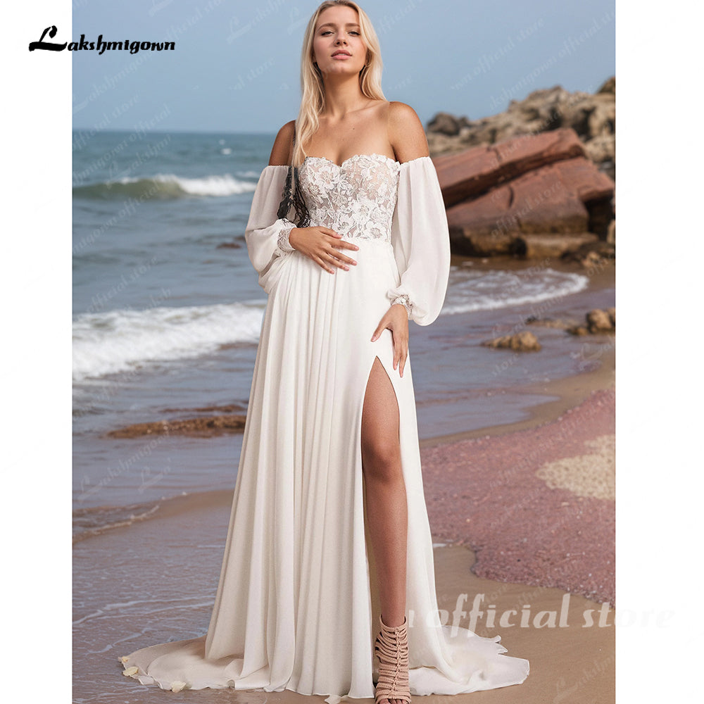 Off the Shoulder Lace Chiffon Split Side Boho A Line Wedding Dress Long Puff Sleeve Appliques Beach Bridal Gown