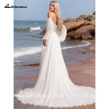 Off the Shoulder Lace Chiffon Split Side Boho A Line Wedding Dress Long Puff Sleeve Appliques Beach Bridal Gown