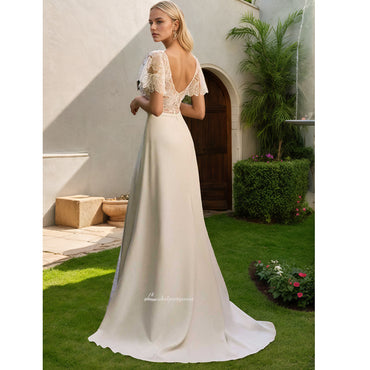 Robe de mariée bohème en dentelle, ligne A, col en V, dos nu, manches courtes, en Satin