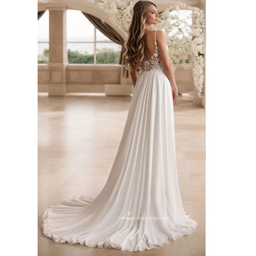 Boho A-Line Lace Organza Wedding Dress Western Floral V-Neckline Square Button Back Bridal Gown