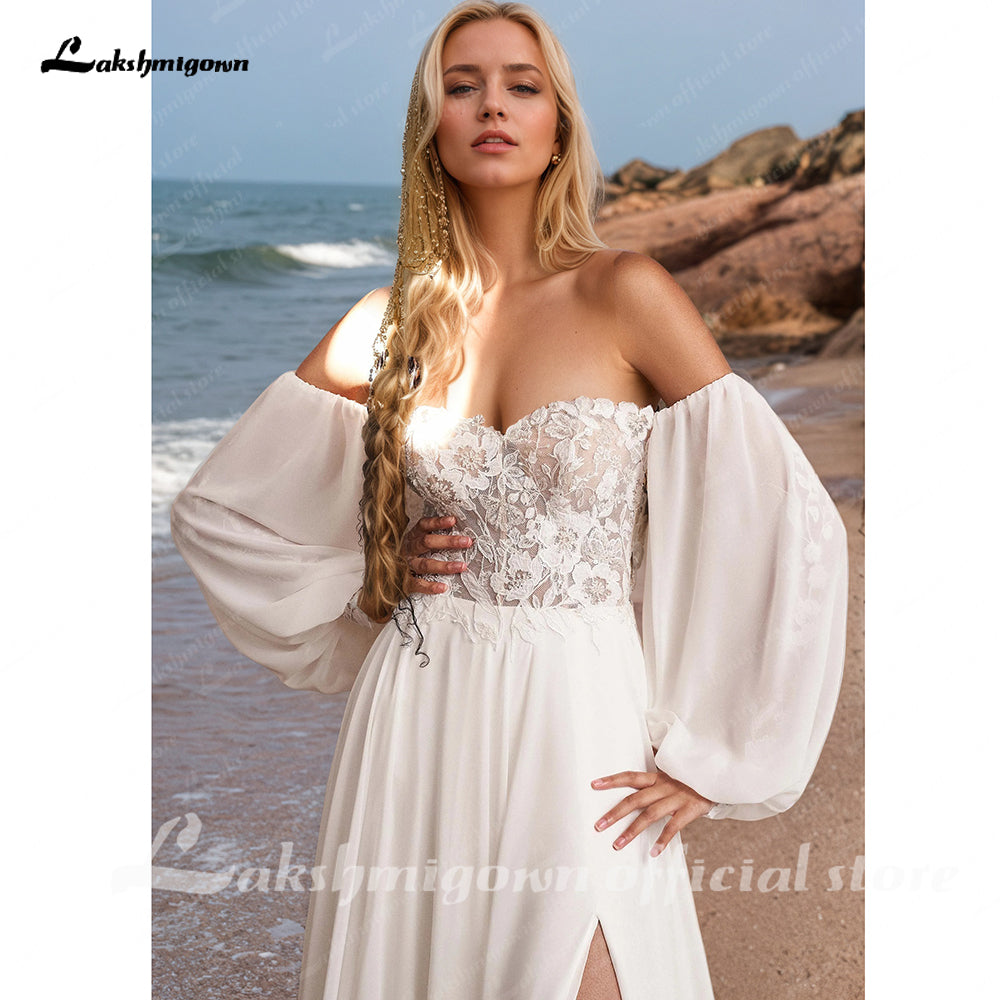 Off the Shoulder Lace Chiffon Split Side Boho A Line Wedding Dress Long Puff Sleeve Appliques Beach Bridal Gown