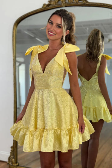 Sparkly Royal Blue Ruffled A Line Beaded Short Homecoming Dress with Bows