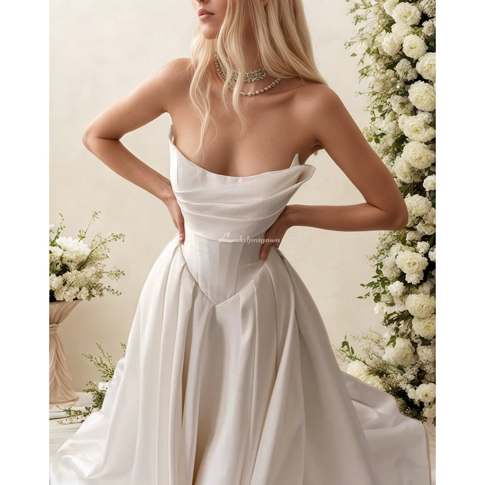 Satin Strapless Wedding Dresses with Pleated