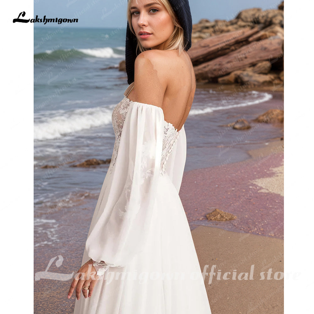 Off the Shoulder Lace Chiffon Split Side Boho A Line Wedding Dress Long Puff Sleeve Appliques Beach Bridal Gown