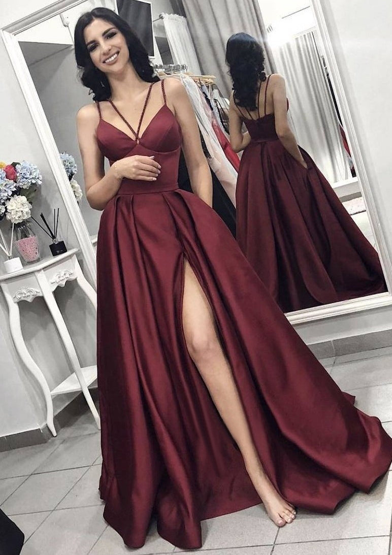 Burgundy V Neck Sleeveless Satin Prom Dress With Split Pleated