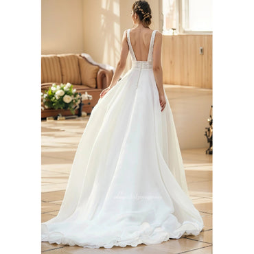 Spaghetti A-Line V-neck Lace Appliques Chiffon Wedding Dress Beach Sleeveless Backless Bridal Gown
