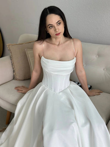 Royal Satin High Slit Corset Wedding Dress with Lace-Up Back