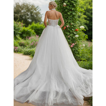 Ball-Gown Tulle Wedding Dress Strapless Off White Beads Bridal Gown