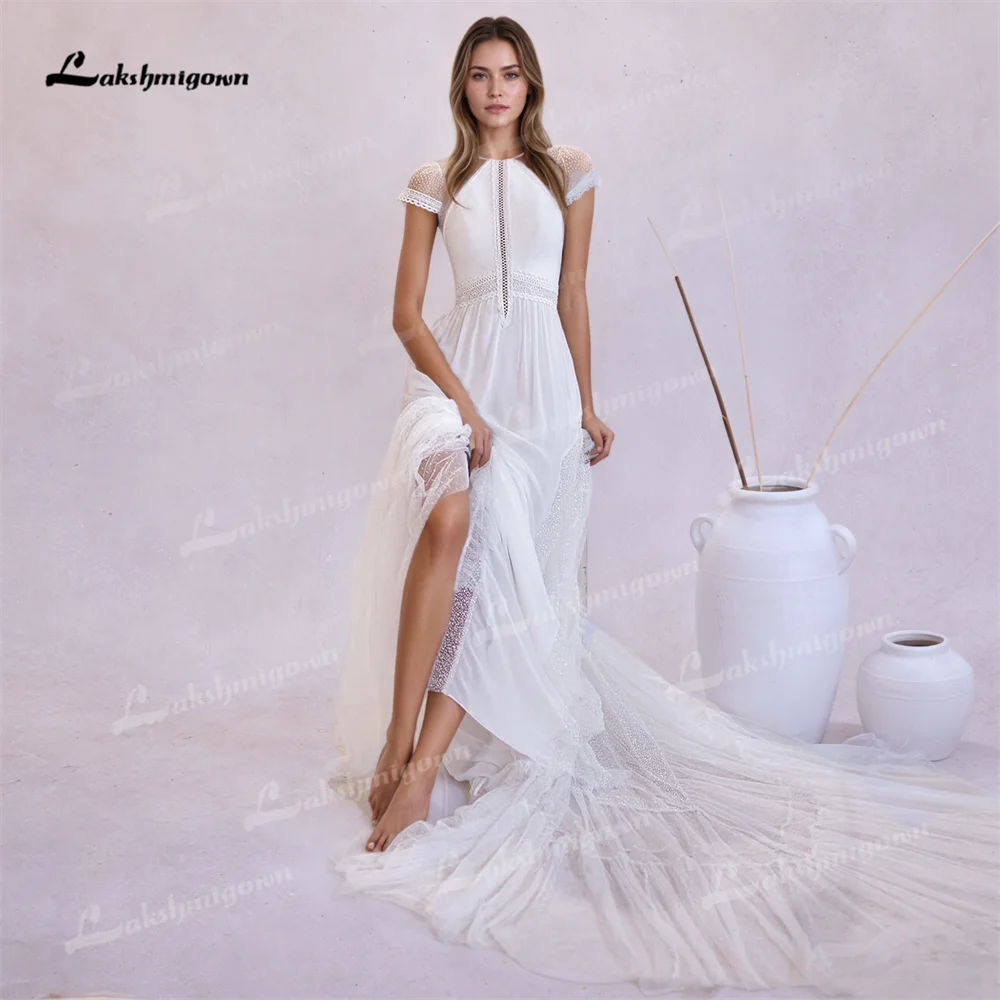 short wedding dress chiffon Chiffon A-line Short Sleeves Boho Wedding Dresses, Lace Wedding Gown, MW838