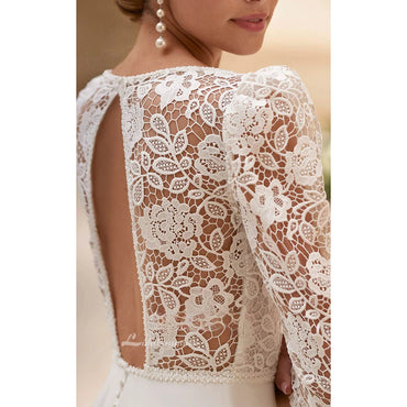 Boho Lace Split Front Wedding Dress Sexy Floral Round Neck Sheer Three-Quarter Sleeve Chiffon Bridal Gown