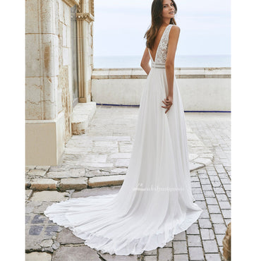 Boho V-Neck Lace Chiffon Wedding Dress with Detachable Jacket
