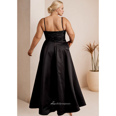 Plus Size Embellished Bodice Satin Ball Gown Black Evening Dresses HCM014