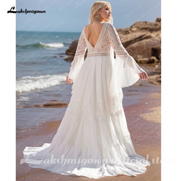 Beach High Neck Chiffon A Line Wedding Dresses Open Back Lace Top Long Women Wedding Gowns