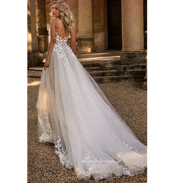 Abito da sposa in pizzo Boho per donna Abito da sposa con applicazioni in pizzo con spalline sottili