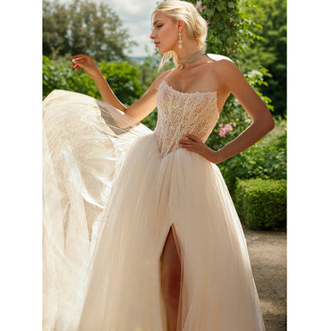 Sexy Skirt Slit Beads Pearls Lace Body Shiny A-Line Bridal Wedding Dresses Strapless Neck Zipper Up Back