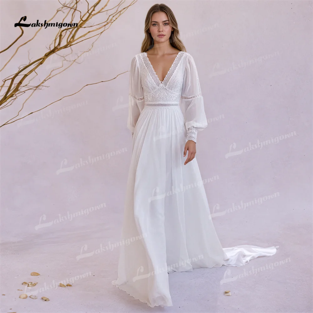 Sexy A Line Chiffon V Neck Boho Wedding Dress with Long Puffy Sleeves – LAKSHMIGOWN