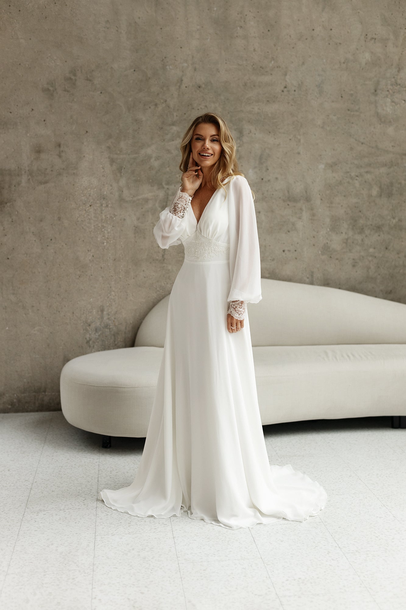 Bohemian Chiffon Wedding Dress with Lace Details & Bishop Sleeves – LAKSHMIGOWN
