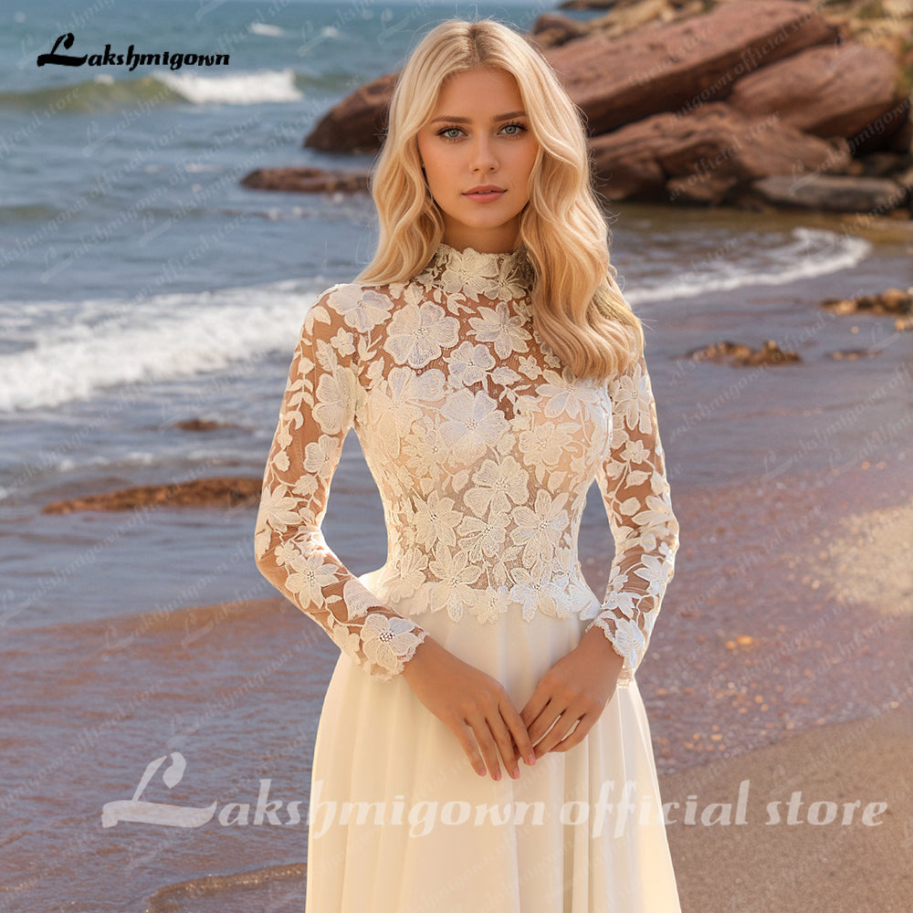 Boho Wedding Dress High Neck Long Sleeves Illusion Exquisite Lace Bridal Gown
