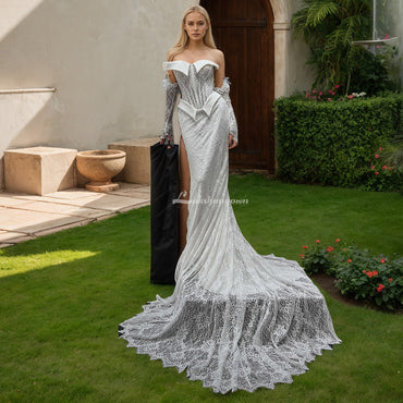 Robe de mariée sirène en dentelle à épaules dénudées et manches longues