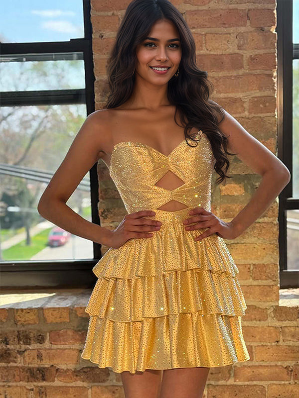Glitter Strapless Sweetheart A Line Homecoming Dress with Keyhole Lace Up Party Gown