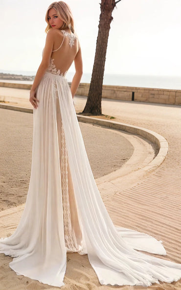 Boho Beach A-Line Lace Wedding Dress Floral Sexy Modern Sleeveless Jewel Neck Bridal Gown