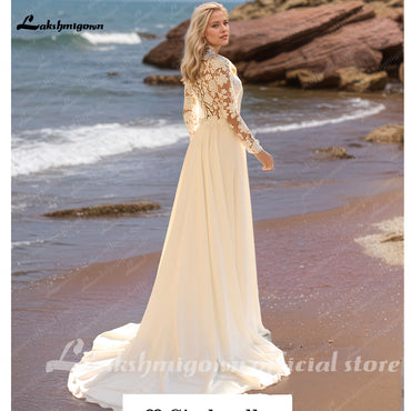 Boho Wedding Dress High Neck Long Sleeves Illusion Exquisite Lace Bridal Gown