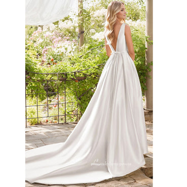 Beach A-Line Long Satin Wedding Dress Elegant Sleeveless Deep-V Back Sashed Solid Garden Bridal Gown