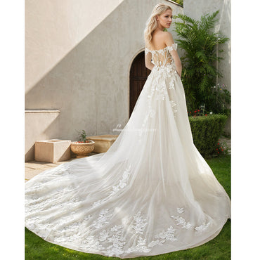 Off Shoulder Lace Appliques Tulle Beach Boho Wedding Dress