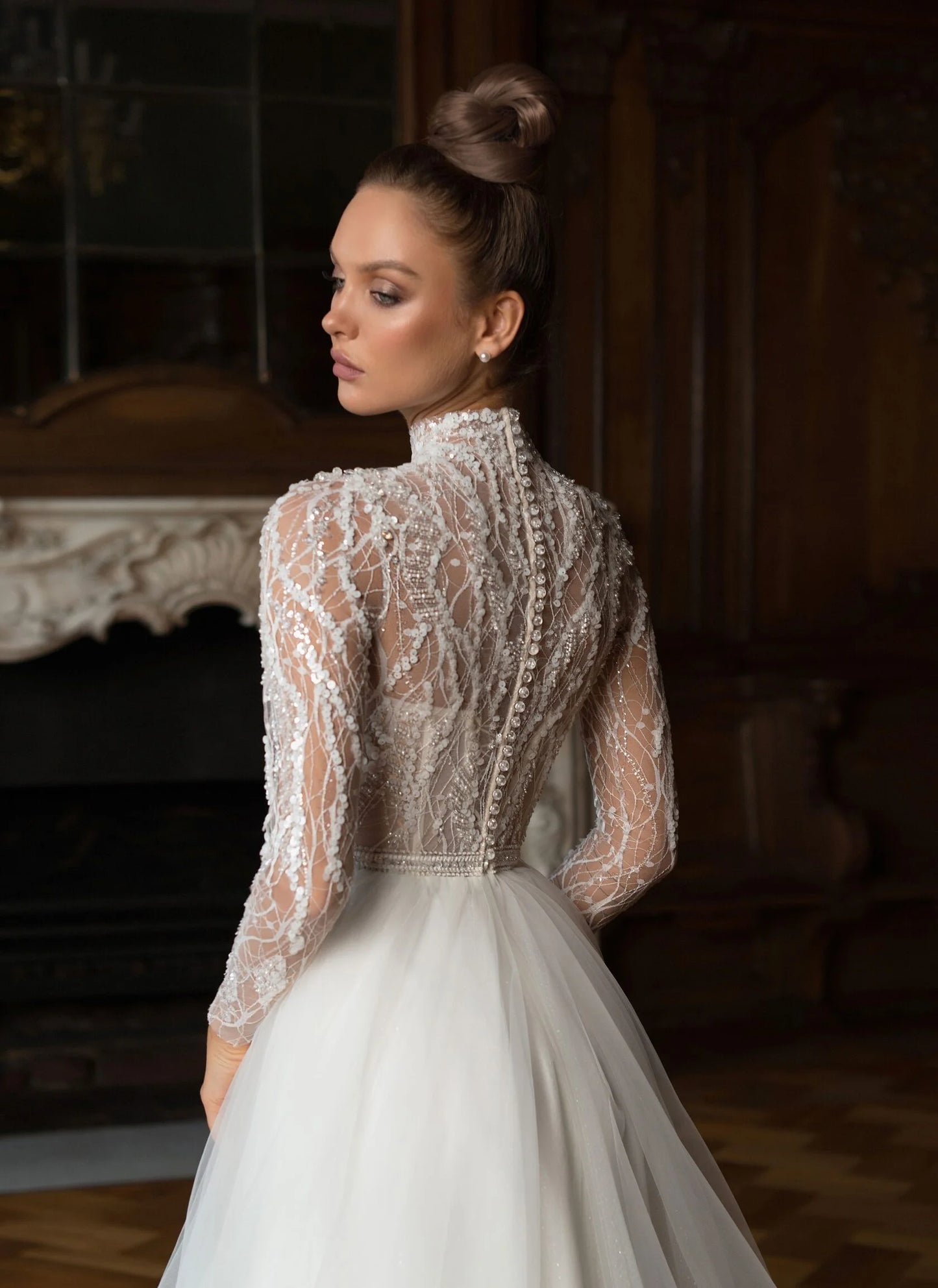 A-Line High Neck Long Sleeves Tulle Beaded Sequins Wedding Dress with Train