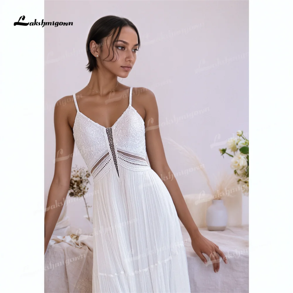 Romantic Spaghetti Straps Boho A Line Wedding Dress with Sequins