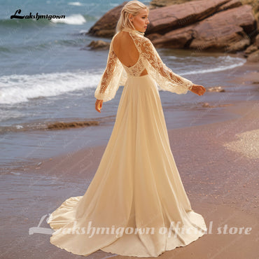 Chiffon Beach Wedding Dresses with Dectach Puffy Long Sleeve