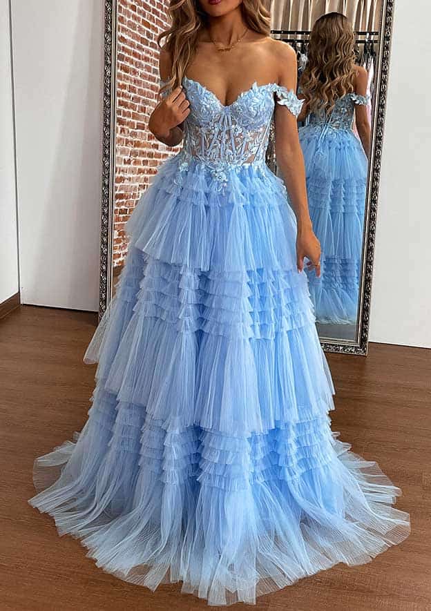 Off-the-Shoulder Sleeveless Sweep Train Tulle Prom Dress with Ruffles