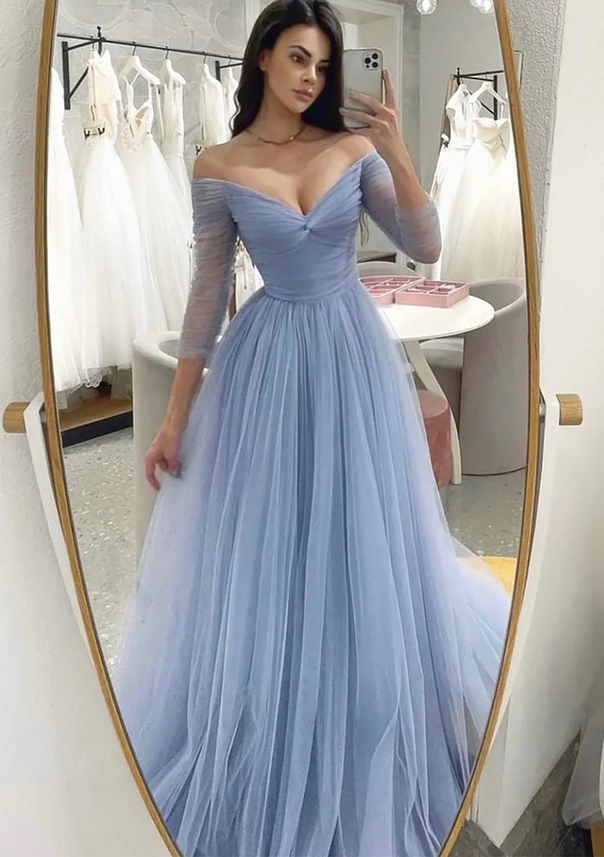 Off-the-Shoulder Long Sleeve Sweep Train Tulle Prom Dress With Pleated