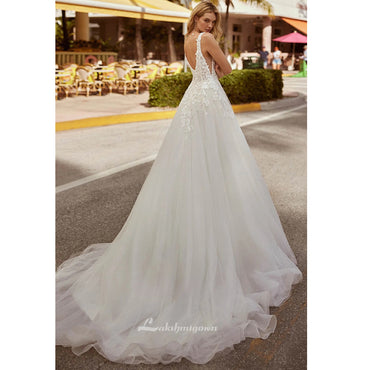 Floral Boho Lace A-Line Sleeveless Wedding Dress Sexy V-Neck Glitter Tulle Beach Ball-Gown Bridal gown