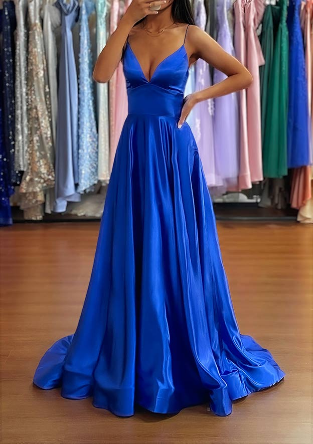 Royal Blue V Neck Sweep Train Prom Dress with Split