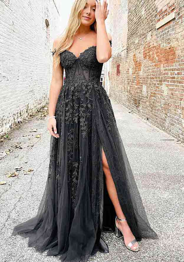 V Neck Spaghetti Straps Long/Floor-Length Lace Prom Dress With Split