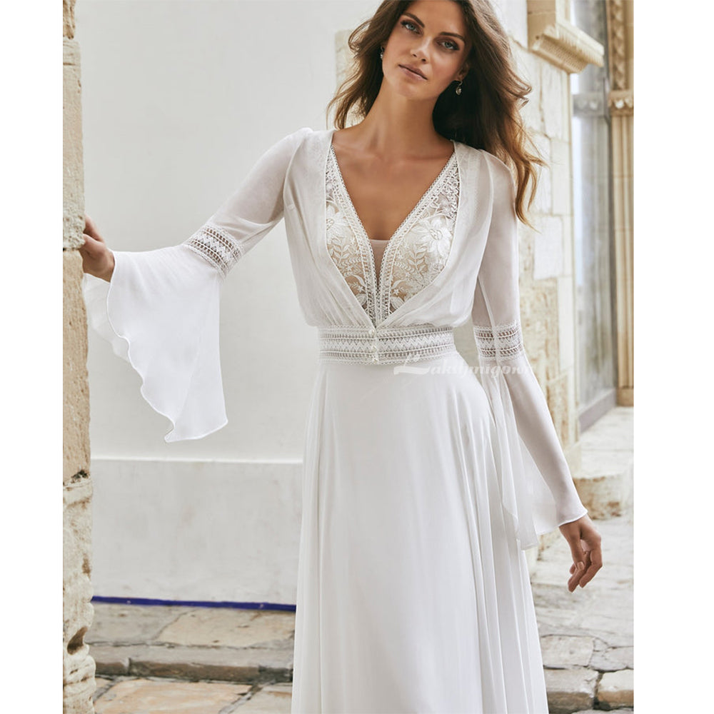 Boho V-Neck Lace Chiffon Wedding Dress with Detachable Jacket