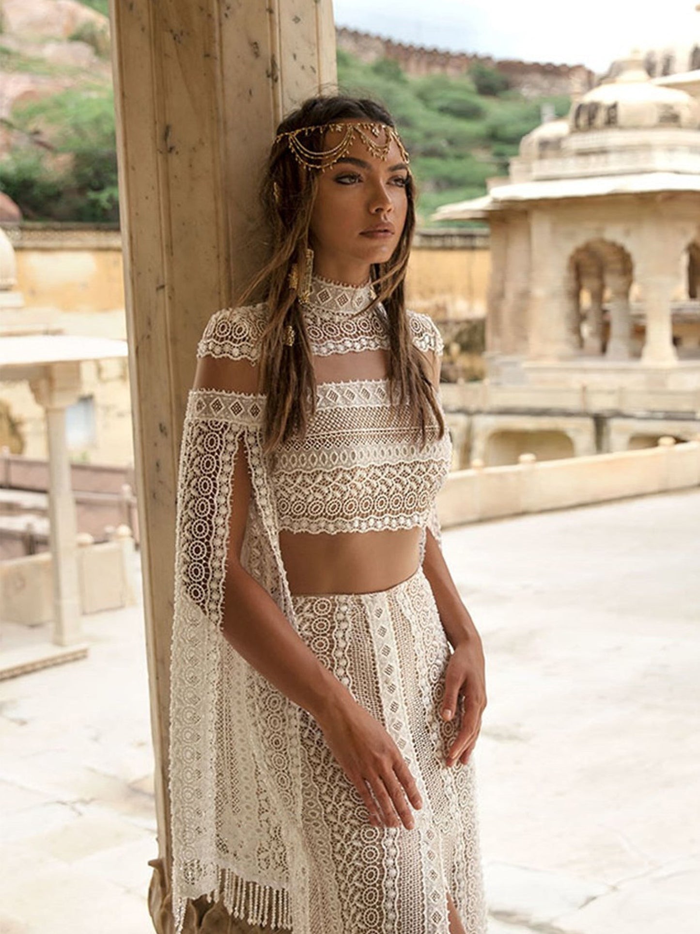 Deux pièces col haut bohème une ligne robes de mariée en dentelle