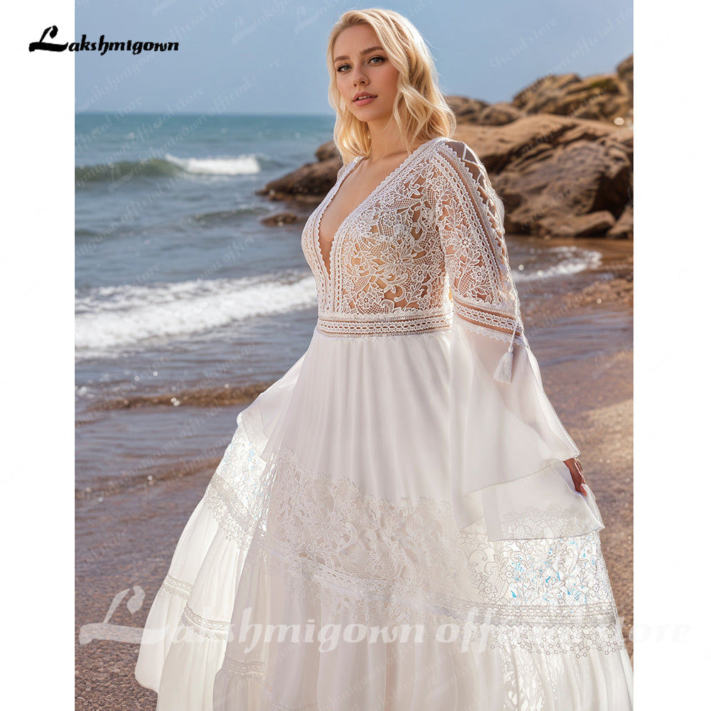 Beach High Neck Chiffon A Line Wedding Dresses Open Back Lace Top Long Women Wedding Gowns
