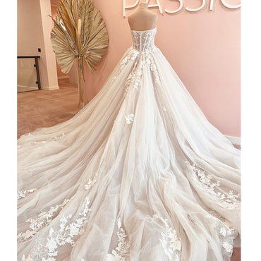 Court Train Champagne Wedding Dress Lace Bodice Bridal Gown