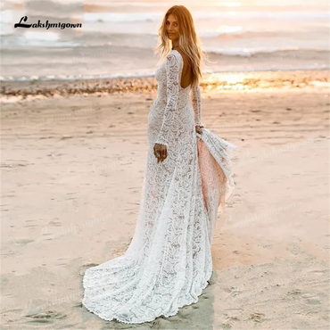Beach Boho Wedding Dress Lace Long Sleeves Bridal Gown with High Side Split