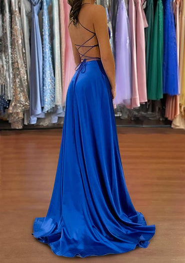 Royal Blue V Neck Sweep Train Prom Dress with Split