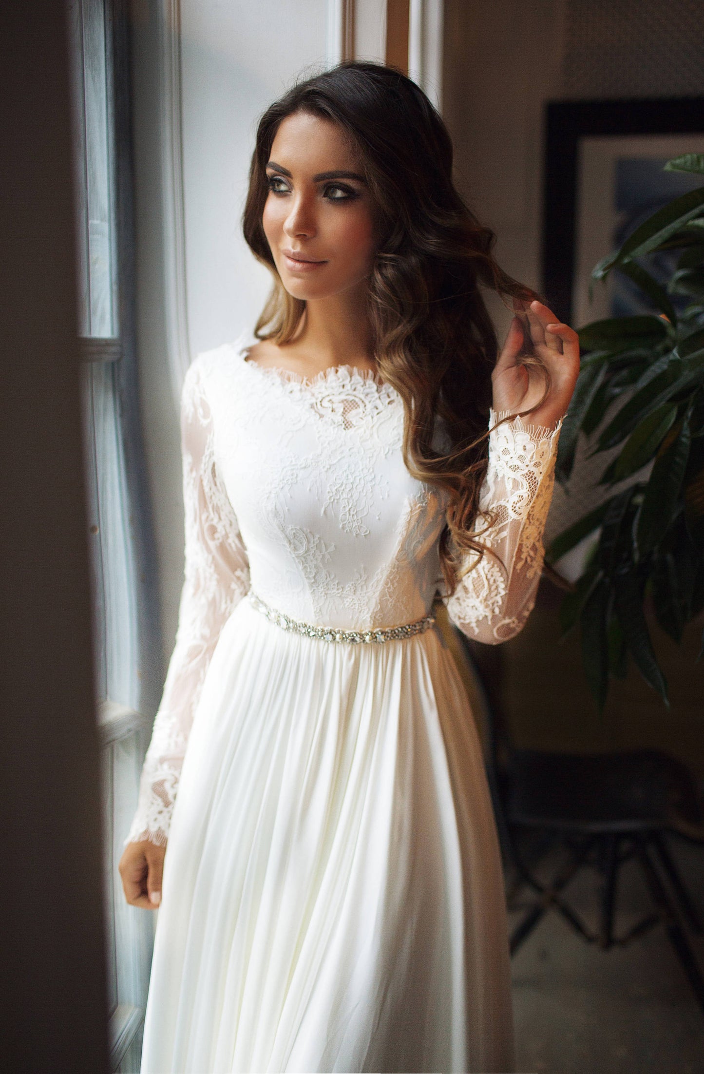 Long Sleeve Boho Lace Wedding Dress with Sleeves