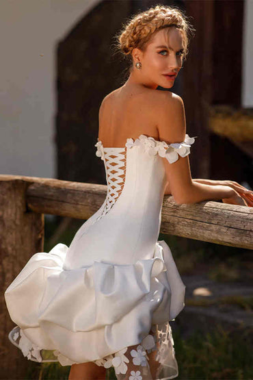 Robe de mariée sirène courte, Sexy, sans bretelles, fleur 3D, épaules dénudées, nouée dans le dos, robe de soirée