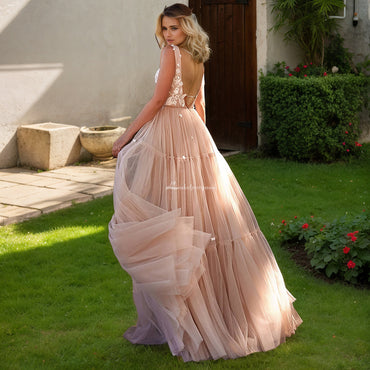 Boho Hippie Wedding Dress Champagne V Neck Country Tulle Beach Wedding Party Gowns