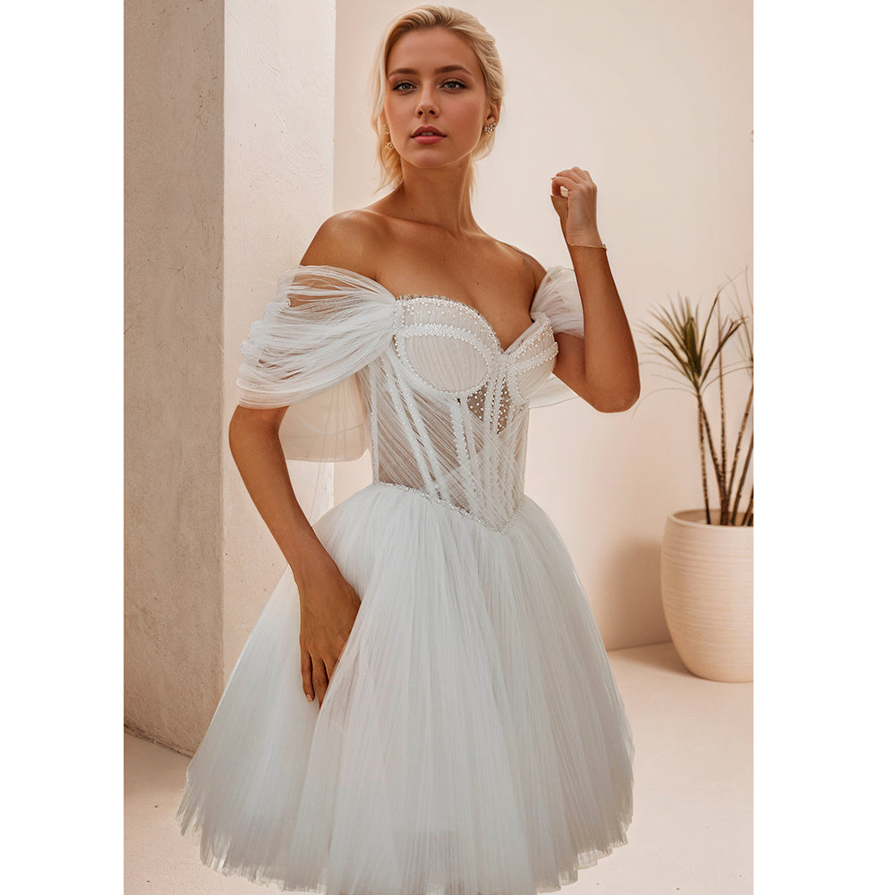 off the shoulder short wedding dress Off Shoulder Short Bridal Party Dresses A-Line Beads Illusion Tulle Kn – LAKSHMIGOWN