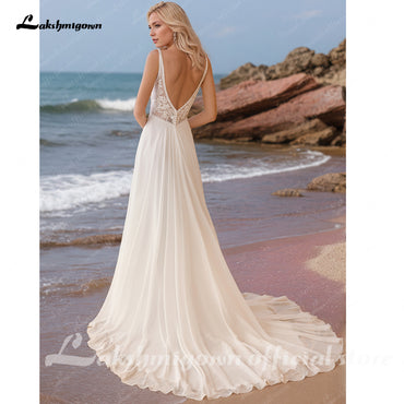 Chic Boho Beach Wedding Dress Spaghetti Straps V Neck Lace Chiffon A Line Bridal Gowns