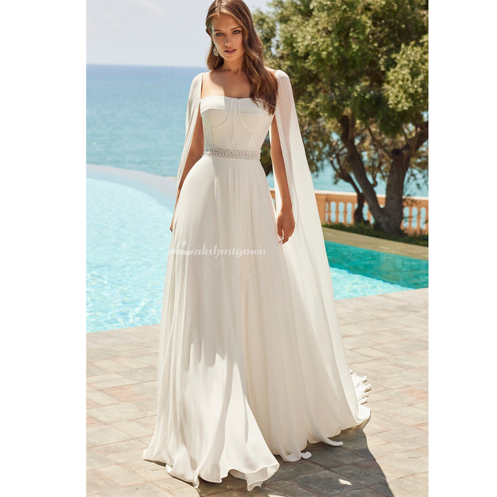 sachin and babi light blue dress Simple White Square Neck Boho Long Chiffon Wedding Dress, Diamond White / 12