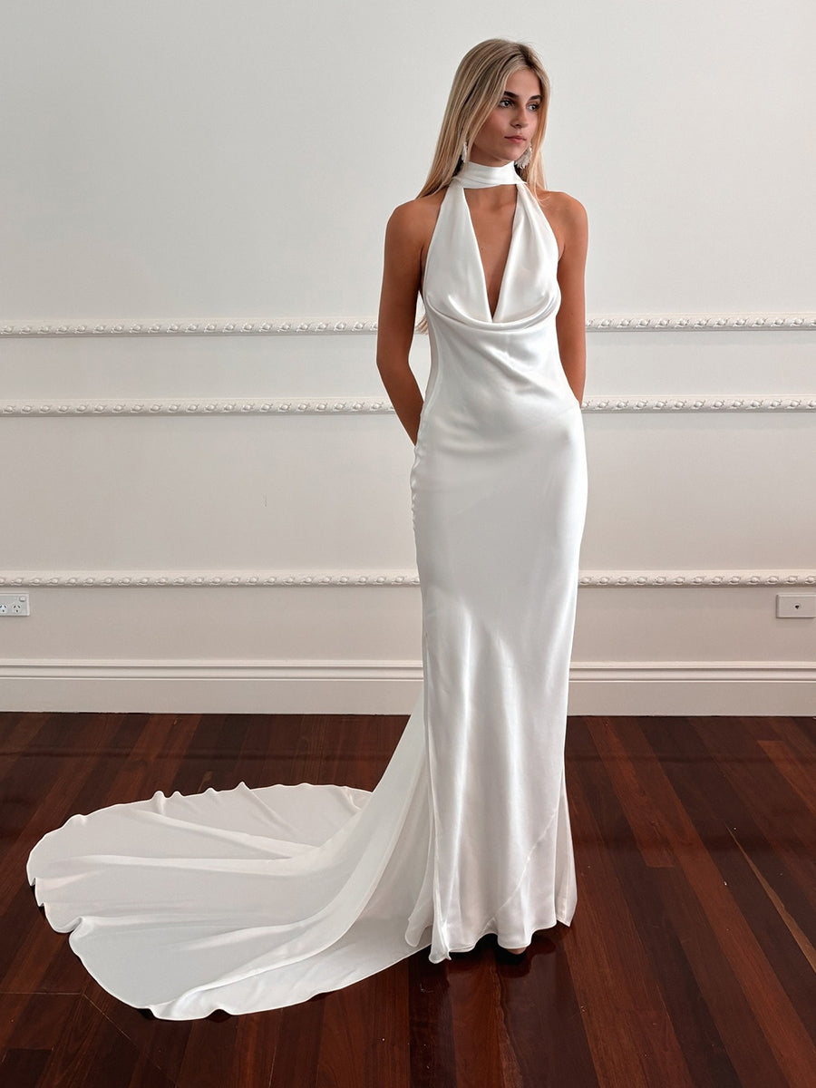 Halter Low-V Neck Backless Sleek Satin Wedding Dress with Train